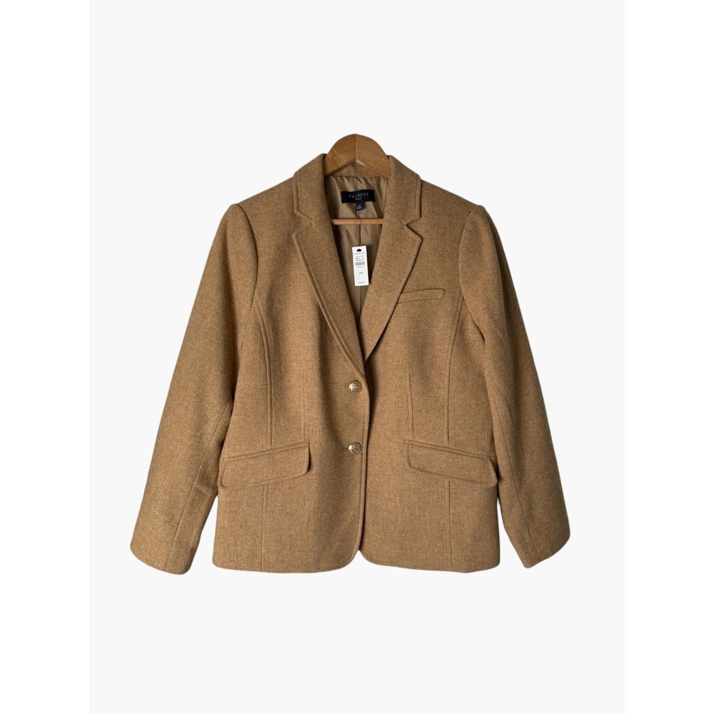 NWT Talbots Petite 14P Wool Blend Herringbone Camel Blazer Gold Crest Button